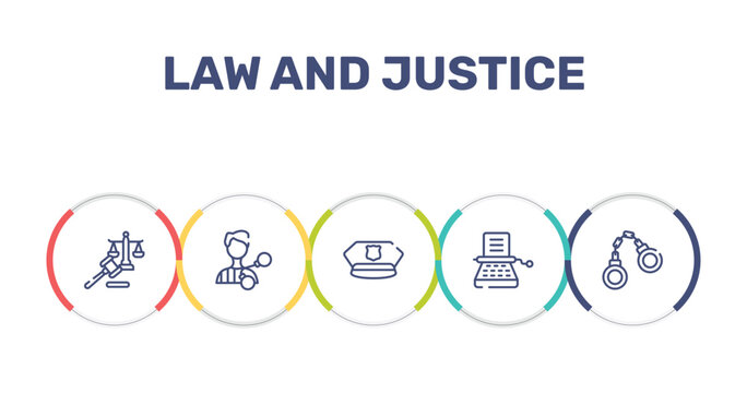law and justice outline icon set featuring law and justice, criminal, police cap, stenographer icons.