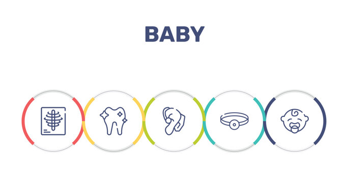 baby outline icon set featuring x rays, orthodontic, hearing aid, head mirror icons.