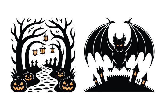 Spooky halloween scene with haunted path jack o lanterns flying bat