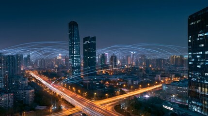 Fototapeta premium Vibrant light trails from city traffic create dynamic streaks across a modern urban skyline at night