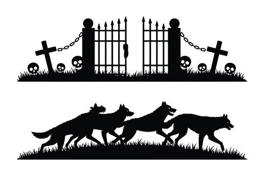 Spooky graveyard gate with skulls and chains above running wolves silhouette