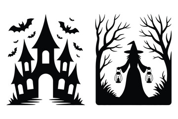 Haunted castle with flying bats, witch holding lanterns between spooky trees © Sadek