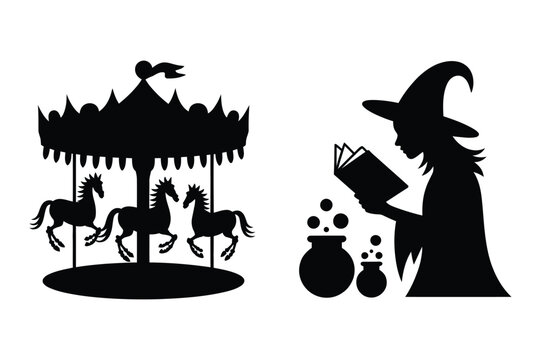 Vintage carousel with horses and witch reading spellbook silhouette vector art
