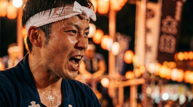 太鼓演奏の熱気に包まれる日本人男性、提灯が灯る夏祭りの迫力ある夜景