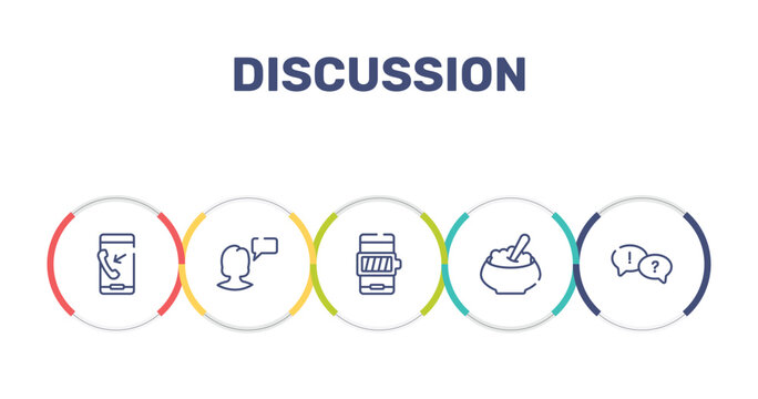 discussion outline icon set featuring outgoing call, monologue, battery with full charge, porridge icons.