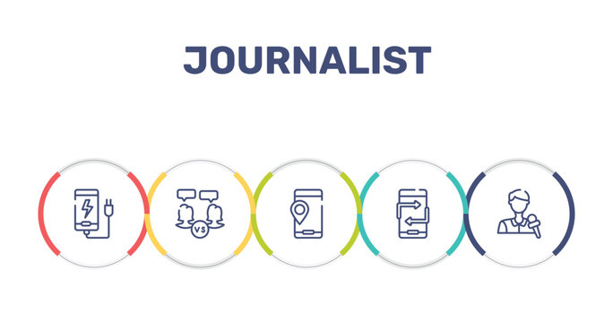 journalist outline icon set featuring phone plug, battle, , null icons.
