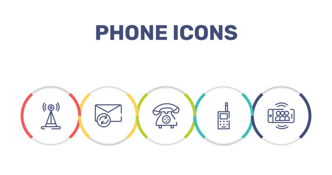 phone icons outline icon set featuring radio antenna, resend, vintage telephone call, vintage cellphone icons.