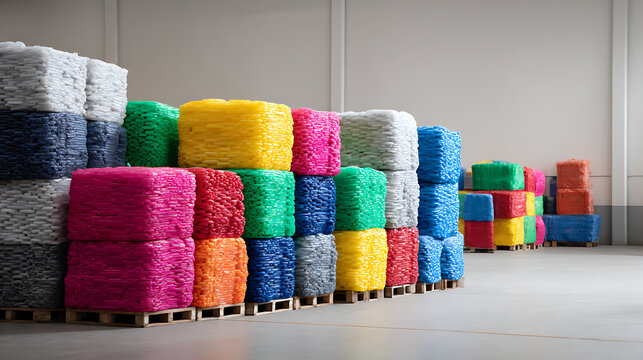 Vibrant Pallets of Recycled Polypropylene Pellets Stacked in a Warehouse, Ready for Industrial Reprocessing and Sustainable Manufacturing