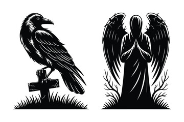 Fototapeta premium Raven on grave cross and winged angel or ghost figure with praying hands, silhouette