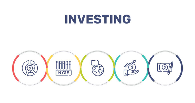 investing outline icon set featuring allocation, nyse, breaking, stock market icons.