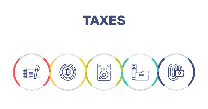 taxes outline icon set featuring enquiry, banker, sand clock, pin code icons.