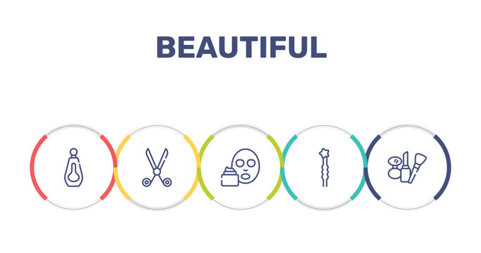 beautiful outline icon set featuring big perfume bottle, hairdresser scissors, mudpack, two hairpins icons.