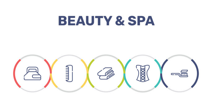 beauty & spa outline icon set featuring hair gel, men comb, folded towel, women cor icons.