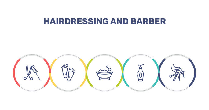 hairdressing and barber outline icon set featuring scissor and comb, barefoot, bath salt bomb, face cleanser icons.