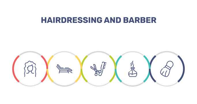 hairdressing and barber outline icon set featuring wavy hair, sunbed, scissors and comb, scent icons.