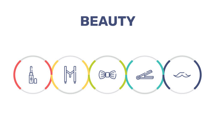 beauty outline icon set featuring concealer, suspenders, elegante, hair iron icons.