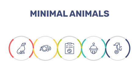 minimal animals outline icon set featuring dog seating, extending leads, cat health list, sleighbell icons. © VectorStockDesign