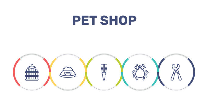 pet shop outline icon set featuring bird cage, dog food, flea comb, big mite icons.