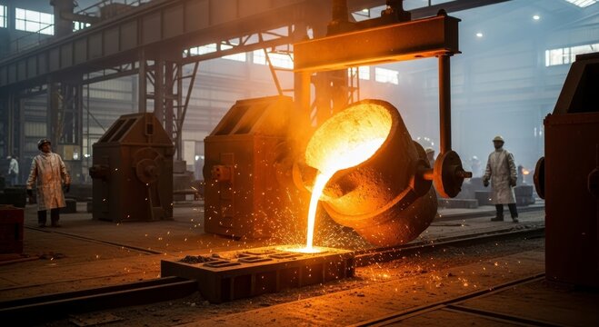 Molten metal pouring from furnace into mold in factory. Men workers in protective gear operating industrial casting machine. Steel production, metallurgy and heavy manufacturing industry.