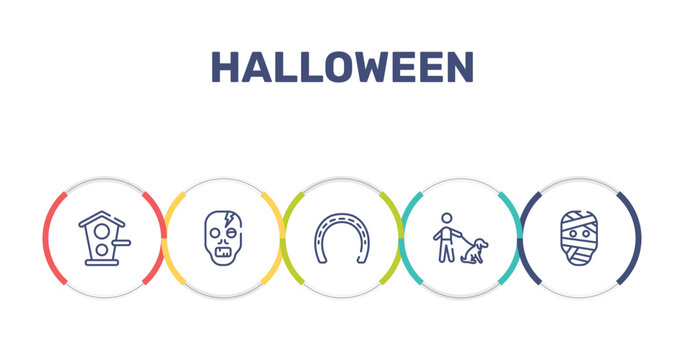 halloween outline icon set featuring birds home, zombie, null, dog with owner icons.