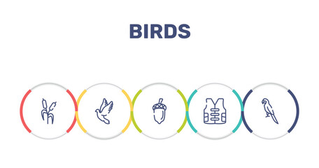 birds outline icon set featuring bulrush, dove, acorn, vest icons. © VectorStockDesign