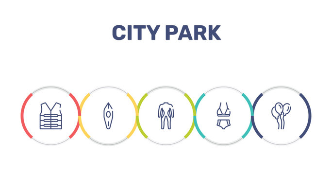 city park outline icon set featuring lifejacket, canoe, diving suit, bikini icons.