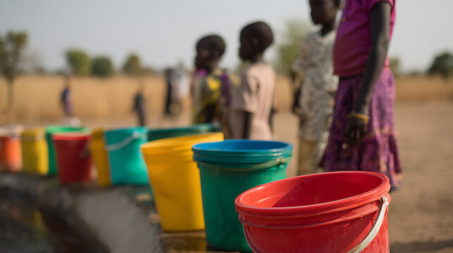 Colorful buckets line up as children wait for water, depicting the vital importance of natural resources in a sun-drenched, rural setting
