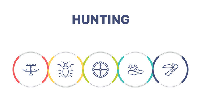 hunting outline icon set featuring picnic table, antlion, crosshair, cloudy icons.