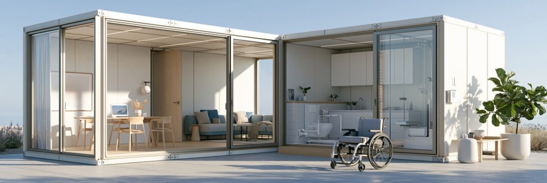 Medium shot focusing on an accessible modular pod with widened doorways and adaptive bathroom features integrated into a building shell to support inclusive and barrierfree living