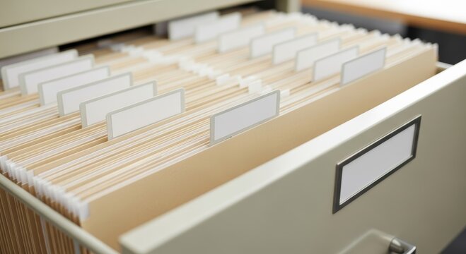 Open filing cabinet drawer filled with hanging folders and blank labels. Organization of physical documents and records in office environment. Business data storage and management.