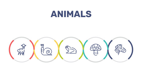 animals outline icon set featuring alpaca, snail, frog, mushroom icons. © VectorStockDesign