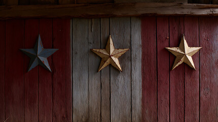 Naklejka premium Three rustic country stars adorn a weathered red and white wooden barn wall, evoking a charming and patriotic vintage folk art aesthetic