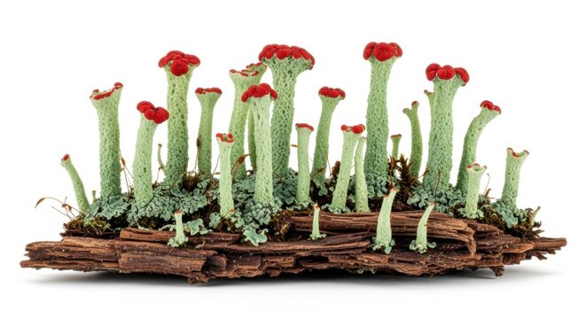 Cluster of Green Reindeer Lichen with Red Tops Growing on Wood