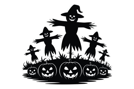 Halloween pumpkin patch scenery with multiple spooky scarecrows in a field, scarecrow