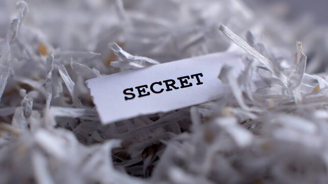 A small piece of paper with the word 'SECRET' prominently displayed, surrounded by a pile of finely shredded white paper, symbolizing confidentiality and destruction