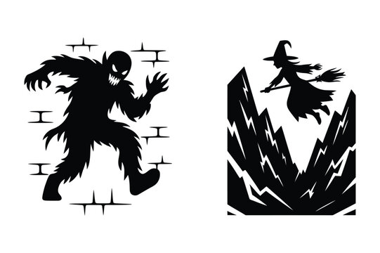 Werewolf silhouette against brick wall and witch flying over mountains illustration