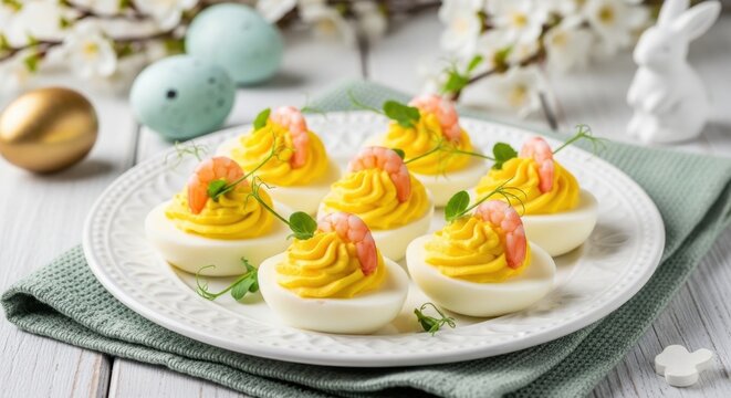 Delicious Deviled Eggs with Shrimp Appetizer Garnished with Fresh Herbs