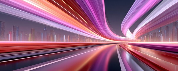 Obraz premium Futuristic purple glowing data cables and light trails racing through a neon city tunnel