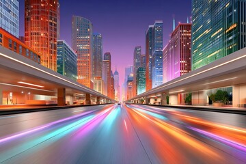 Obraz premium Futuristic neon city skyline with motion blur lights racing down an urban highway at dusk