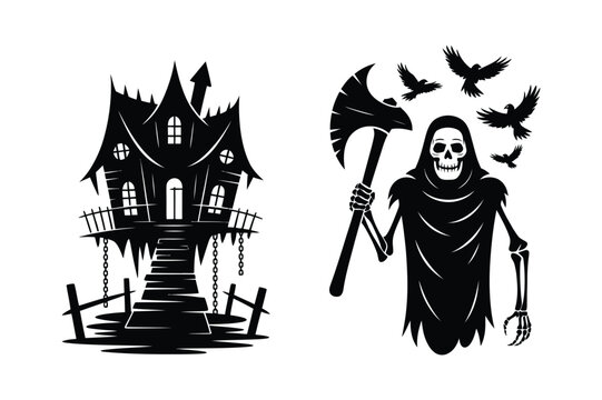 Haunted house silhouette and grim reaper skeleton with axe and crows illustration