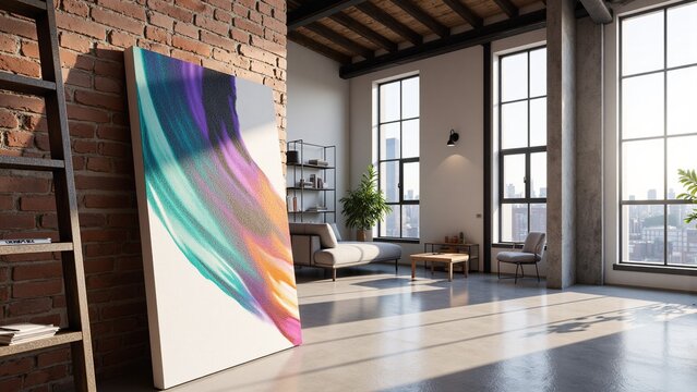 Industrial Loft Interior with Vibrant Abstract Canvas Mockup Leaning Against Exposed Brick Wall