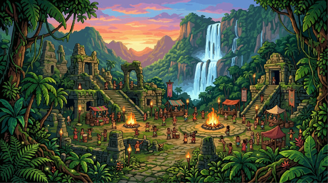 Tribal Celebration in Ancient Ruins: A vibrant and colorful scene unfolds at twilight within ancient jungle ruins, where a tribal community gathers around bonfires.