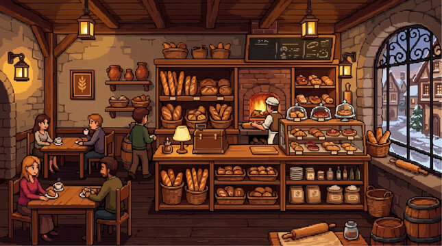 Cozy Bakery Scene: Patrons enjoy freshly baked goods in a warm, inviting bakery setting, with a baker attending to the oven and a window overlooking a winter village.