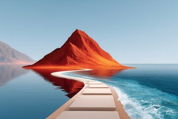 Fototapeta premium Surreal red lava mountain island with winding path over calm sea at sunrise