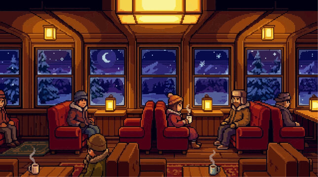 Cozy Winter Train Journey: Passengers find warmth and comfort inside a vintage train cabin during a snowy night, enjoying the tranquil winter landscape visible through the windows.