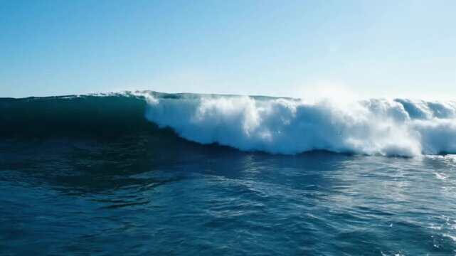 Ocean Wave Breaking and Crashing with White Foam on a Sunny Day.