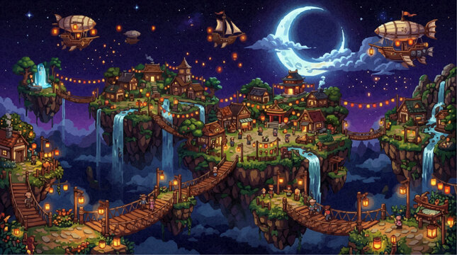 Fantastical Sky Island Village: A breathtaking pixel art illustration of a magical village built on floating islands, connected by bridges.