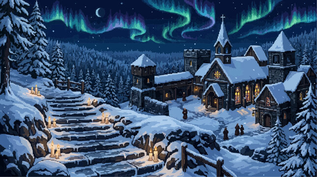 Winter Castle under Aurora: A majestic stone castle, dusted with snow, stands beneath a vibrant aurora borealis painting the night sky.
