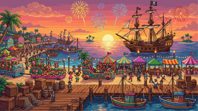 Tropical Pirate Festival at Sunset: A vibrant illustration of a lively pirate festival on a tropical island pier at sunset, featuring colorful stalls, parades, ships, and fireworks against a warm.