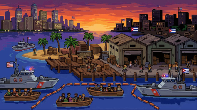 Immigration Scene at Dusk: Pixel art depicts boats filled with immigrants arriving at a harbor during sunset, with city skyline and coast guard patrol boats nearby, illustrating a journey and arrival.